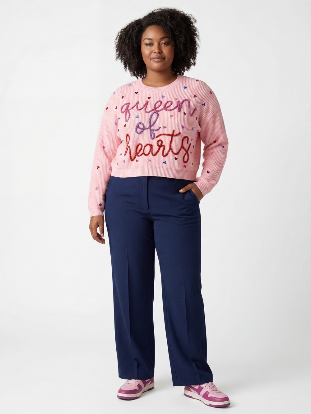 Queen of Sparkles Queen of Hearts Pink Sweater XL Glitter Sequin Cardcore Knit